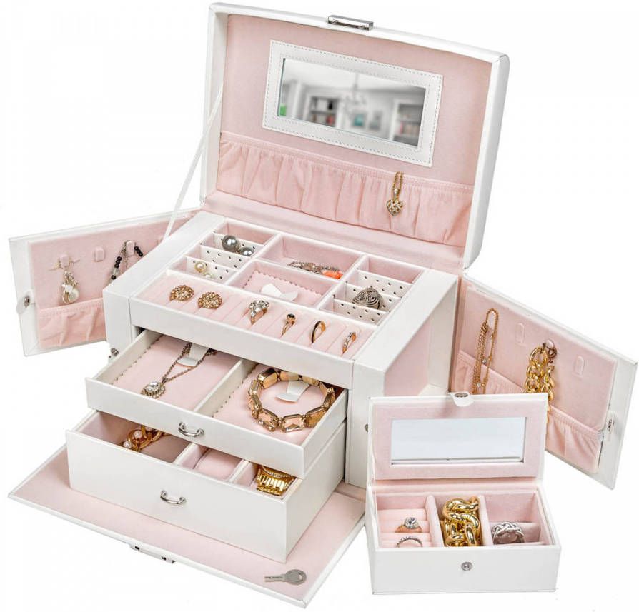 Tectake Sieradenkist Sieradendoos Met Spiegel, Roze, 401539