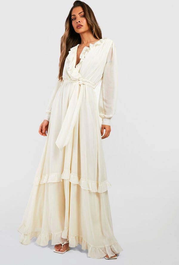 boohoo Chiffon Boho Maxi Jurk Met Ruches, Cream