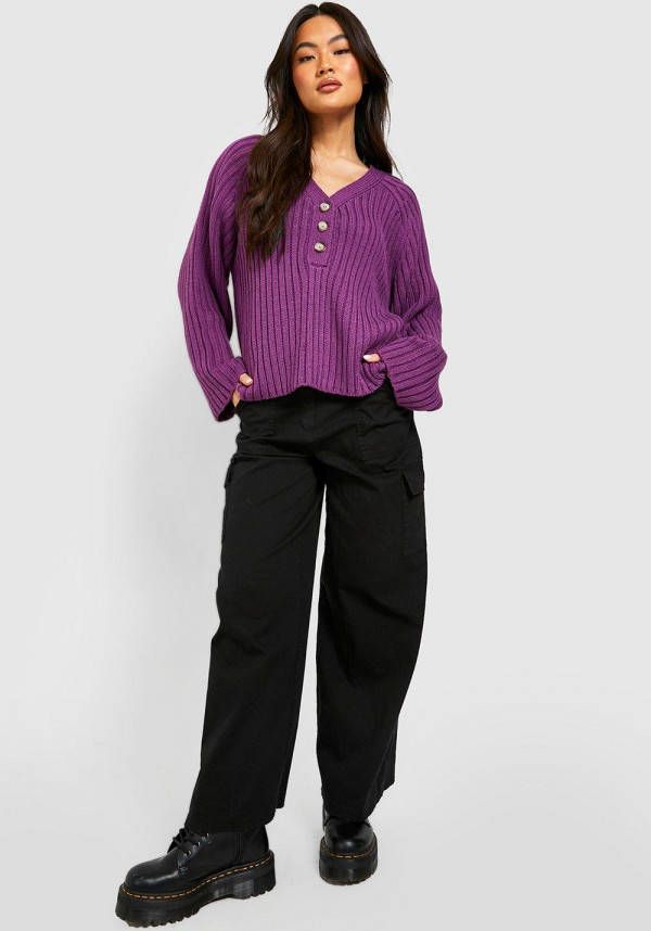 boohoo Dikke Gebreide Trui Met Knoop Detail, Aubergine