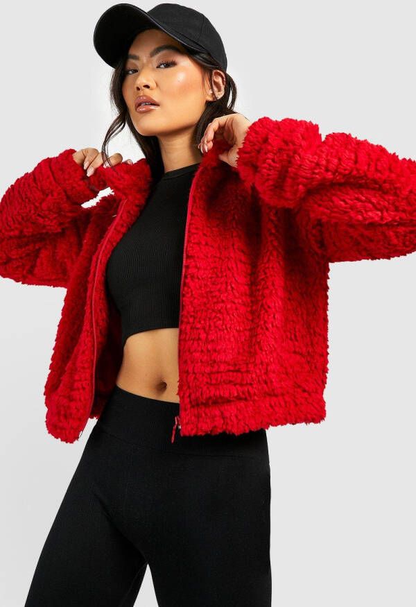 boohoo Faux Fur Teddy Bomberjack, Red