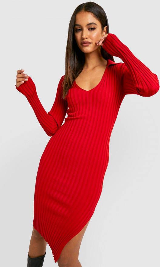 boohoo Geribbelde Gebreide Two Tone Midaxi Jurk, Red