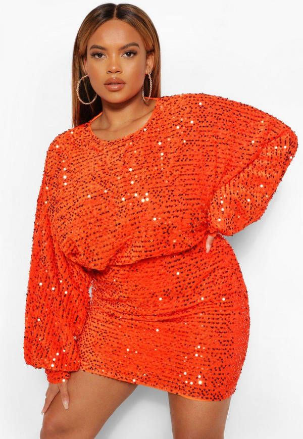 boohoo Plus Oversized Mini Jurk Met Blousonmouwen En Lovertjes, Rood