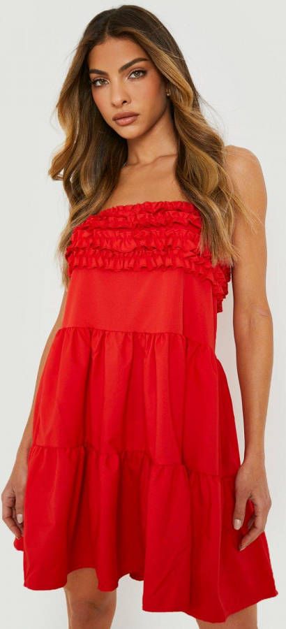 boohoo Strapless Skater Jurk Met Franjes, Red