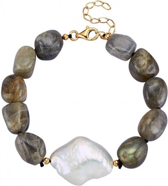 KLiNGEL Armband met labradorieten en 1 Keshi parel Grijs