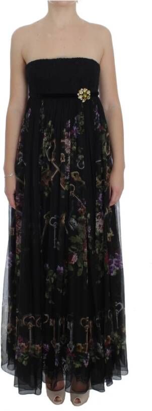 Black Key Print Silk Crystal Brooch Dress Dolce & Gabbana Pre owned, Zwart, Dames