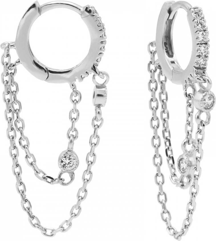 Karma Oorbellen Zirconia Hinged Hoops Double Chain Zilverkleurig