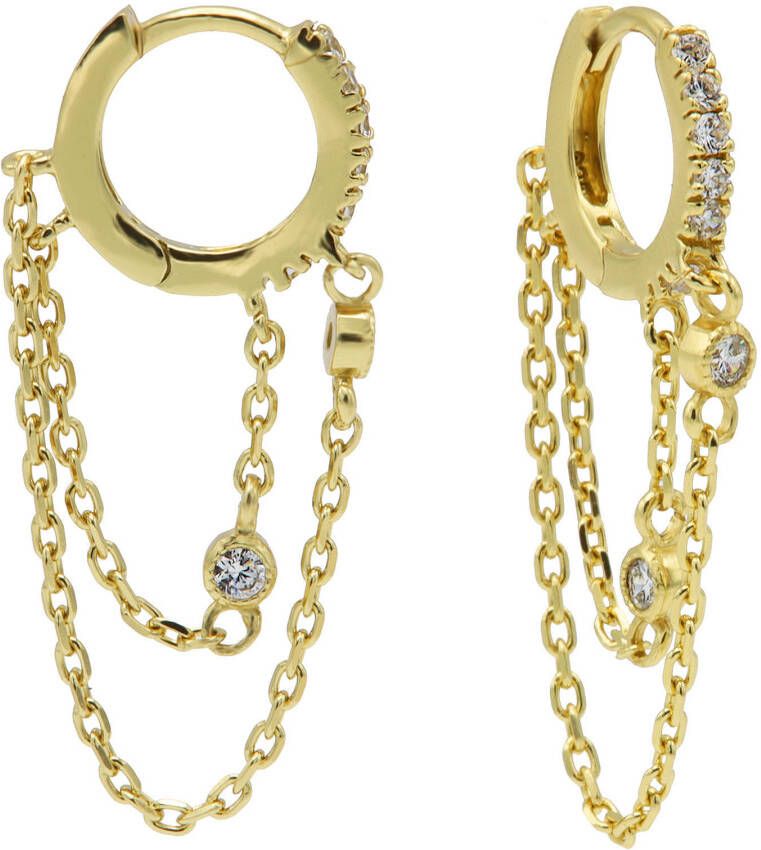 Karma Oorbellen Zirconia Hinged Hoops Double Chain Goudkleurig