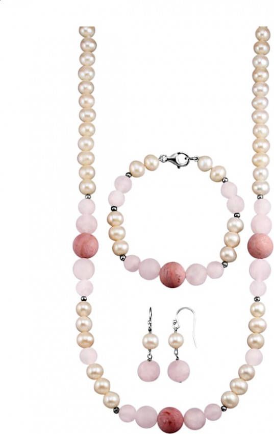 Diemer Farbstein 3 delige sieradenset van gekleurde stenen en cultivé zoetwaterparels Roze